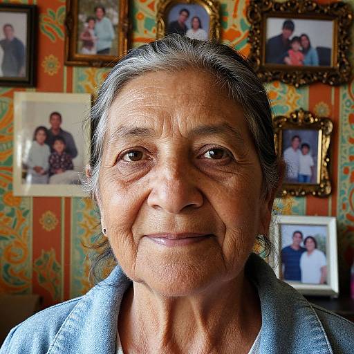 Close-up photograph of a smiling elderly woman with gray hair, wearing a blue blouse, framed family photos on vibrant orange and green wallpaper background.