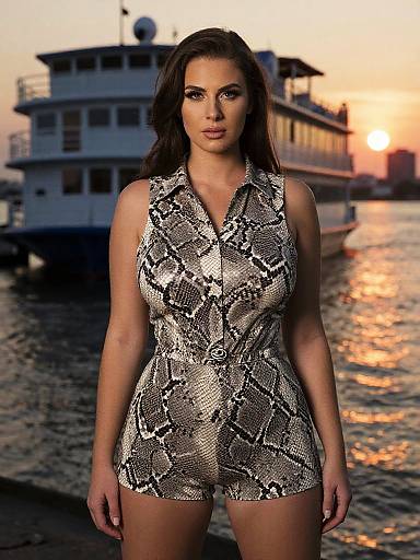 Photograph of a confident woman with long brown hair, wearing a tight, sleeveless snake-print romper, standing in front of a sunset-lit