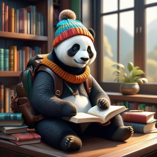 Panda Reading in a Cozy Library