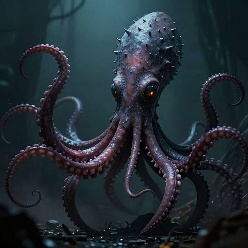 Digital artwork of a menacing, spiked octopus with glowing orange eyes in a dark, underwater forest, illuminated by a blue light.