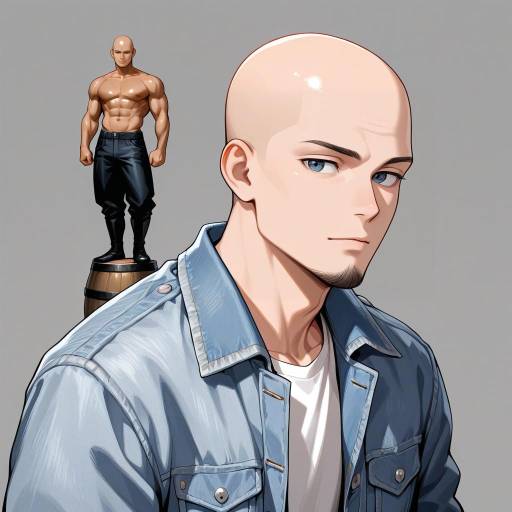Bald Masculine Figure in Denim Jacket