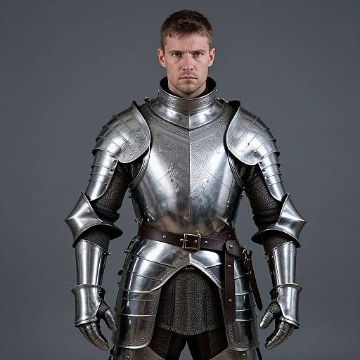 Photograph of a serious, short-haired Caucasian man in full, shiny medieval-style silver armor with black mesh beneath, standing against a gray background.