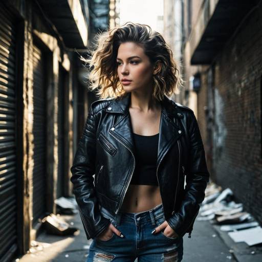 Woman in Leather Jacket and Ripped Jeans in Urban Alley