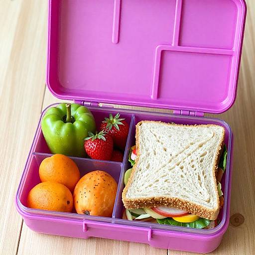Photograph of a purple lunchbox with green apple, strawberry, two oranges, and sandwich with lettuce, tomato, and cheese, on a wooden table
