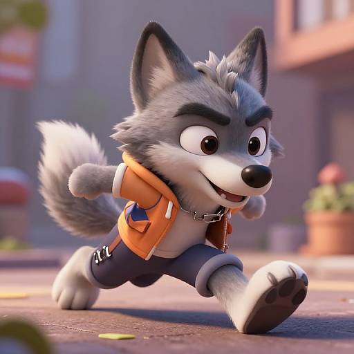CGI image of a cute, anthropomorphic grey wolf with black eyebrows, wearing an orange hoodie and blue pants, running on a sunny street with blurred