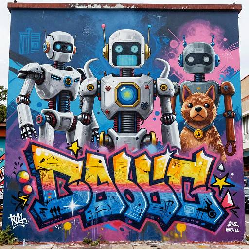 Colorful Futuristic Robot Graffiti Mural