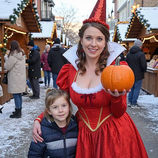 Photograph of a smiling woman in a red Renaissance-style dress with white ruff, holding a pumpkin, and a young boy in a black puffer