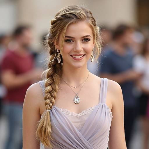 Photograph of a smiling young woman with a braided blonde ponytail, wearing a white draped dress, silver necklace, and dangling earrings, standing in