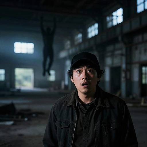Shocked man in abandoned warehouse with hanging figure silhouette