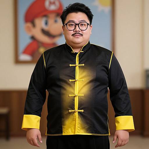 Photograph of a chubby Asian man with glasses, black hair, and a mustache, wearing a black and yellow Chinese-style jacket, standing in front