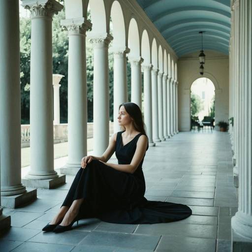 Woman in Black Dress Sitting Among Columns