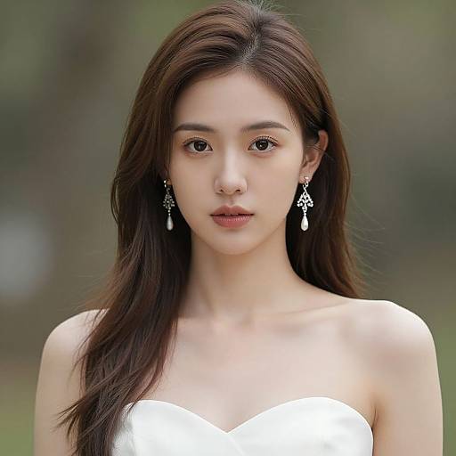 Photograph of a young Asian woman with long brown hair, wearing a white strapless dress, dangling silver earrings, and looking directly at the camera against