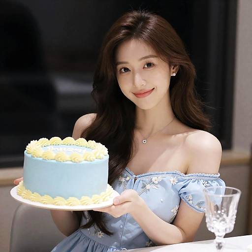 Smiling Woman with Blue Cake and Dress