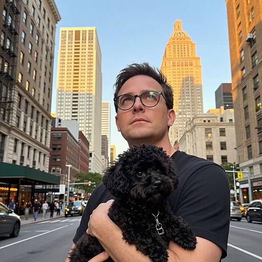 Photograph of a man with short black hair, glasses, black t-shirt, holding a curly black poodle, in a busy city street with tall