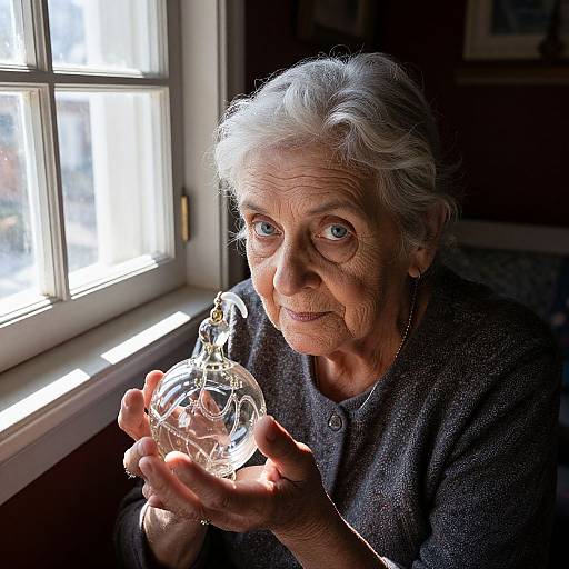 Photograph of an elderly woman with gray hair, wearing a dark gray shirt, holding a crystal ornament, illuminated by sunlight from a window.