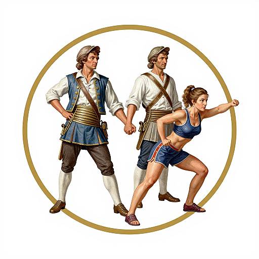 Digital illustration of three ancient Roman warriors in blue and white tunics, brown belts, and sandals, standing in a dynamic pose inside a golden circle.