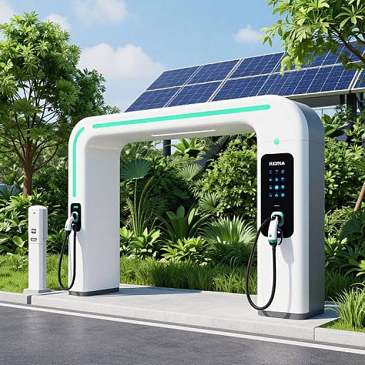 Photorealistic CGI of a modern, white solar-powered electric charging station with two black plug-in points, set in a lush green garden with solar panels