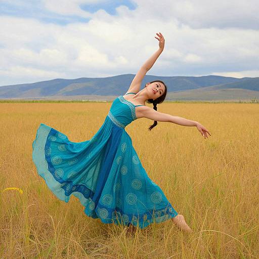 Photograph of a woman in a flowing blue dress, dancing in a golden grass field with mountains and cloudy sky background.