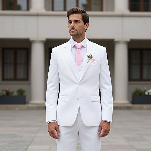 Photograph of a handsome man with short dark hair, wearing a white suit, pink tie, and white flower boutonnière, standing in front