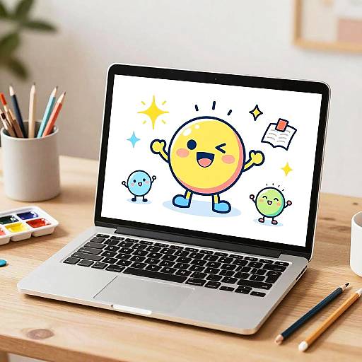 Cheerful Cartoon Character on Laptop Screen
