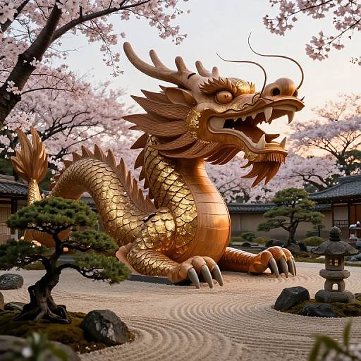 Photograph of a golden, dragon statue with intricate scales, sharp claws, and fierce expression, set in a Japanese garden with cherry blossom trees, r