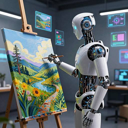 AI Robot Artist Painting Vivid Landscapes