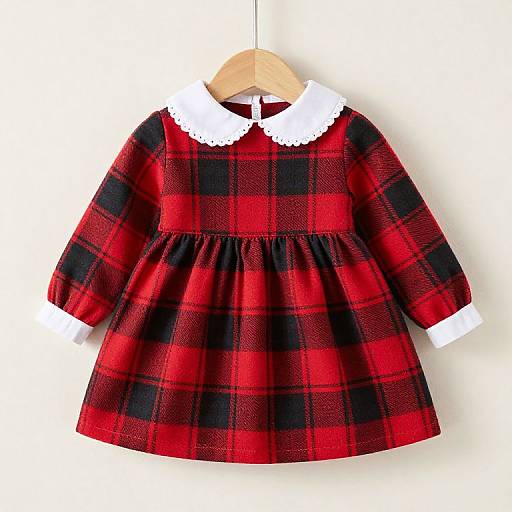 Photograph of a red and black plaid dress with white Peter Pan collar, hanging on a wooden hanger against a white background.
