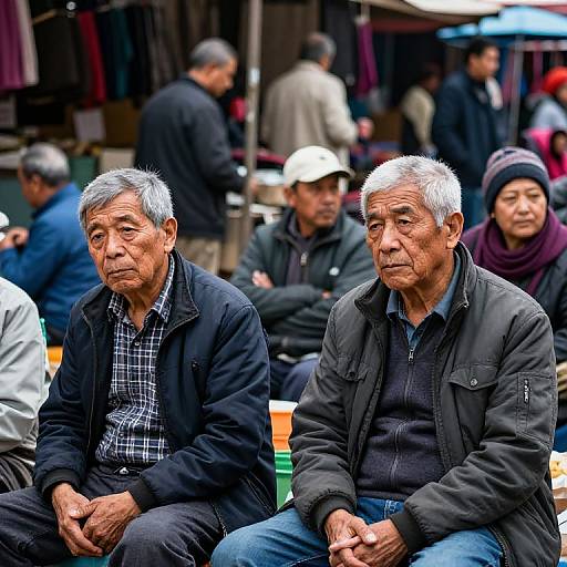 Photograph of two elderly Asian men with gray hair, wearing black jackets and plaid shirts, sitting outdoors among a blurred background of people in a busy