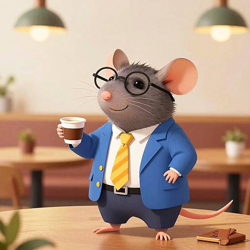 CGI image of a smart-looking gray mouse in a blue suit, yellow tie, and black glasses, holding a coffee cup in a cozy café.