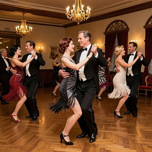 Photograph of a lively ballroom dance class with couples in formal attire, dancing in an elegant room with chandeliers and wooden floors.