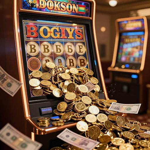 Photograph of a brightly lit slot machine overflowing with gold coins and scattered dollar bills, with another slot machine in the background.