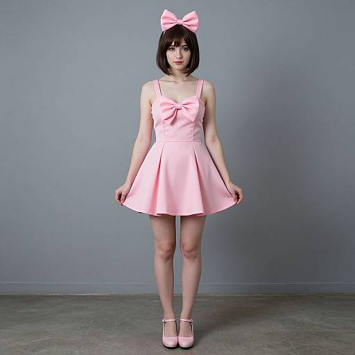 Photograph of a young woman with pale skin, black bob haircut, wearing a pink bow, pink dress, and pink shoes, standing against a gray