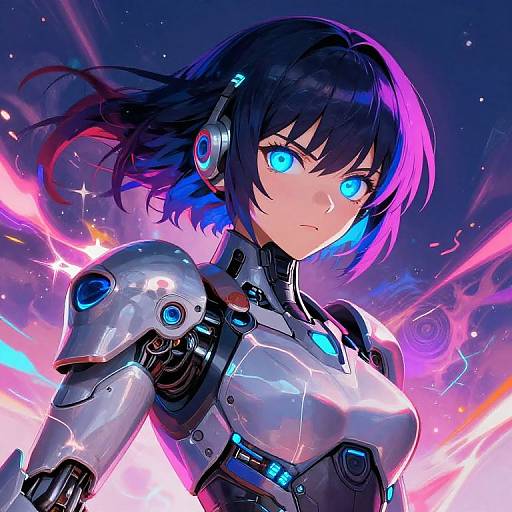 Digital anime-style artwork of a fierce, blue-eyed female cyborg with black and purple hair, glowing armor, and dynamic, colorful energy background.