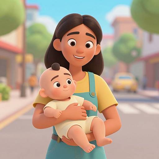 Animated Woman with Baby on Street