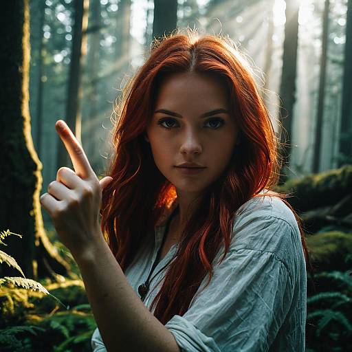 Red-haired Woman Pointing in Forest