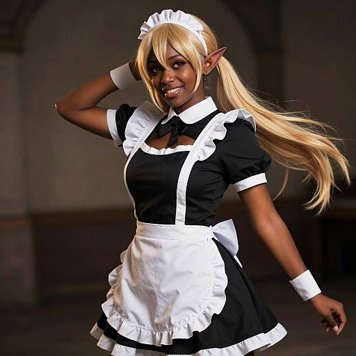 Digital art of a smiling dark-skinned elf woman with long blonde hair, wearing a black and white French maid outfit, standing in a dimly lit