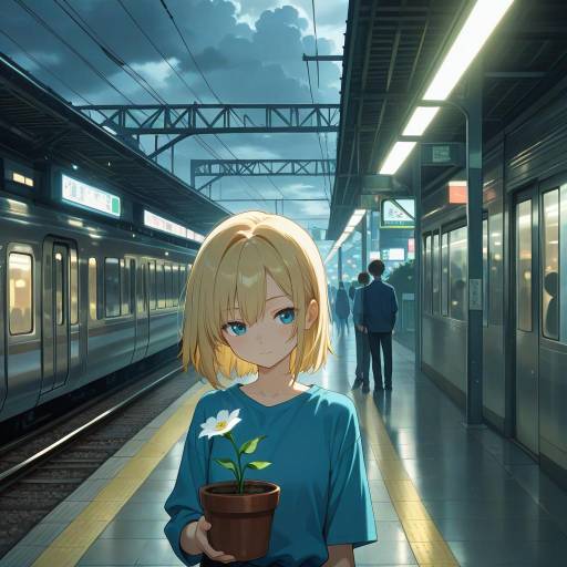 Joyful Anime Girl at Train Station Joyful Anime Girl at Train Station