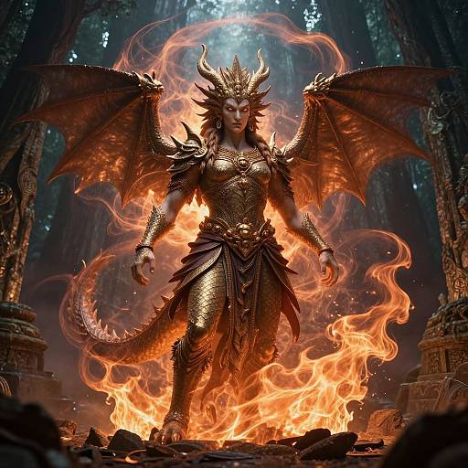 Digital artwork of a fierce, armored, horned demoness with wings, standing in a fiery inferno, surrounded by dark, ancient ruins.