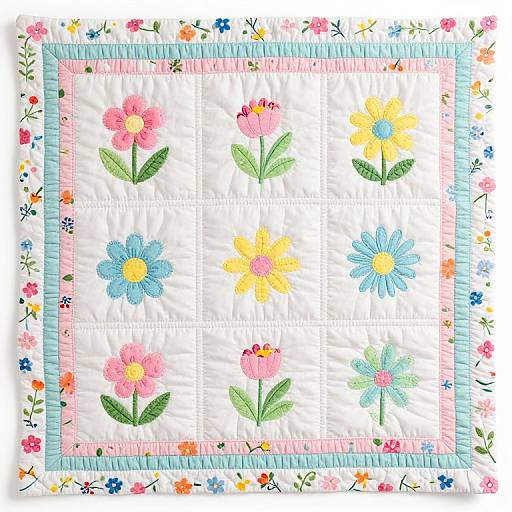 Colorful quilt featuring six embroidered flowers (pink, yellow, blue, green) in a 3x2 grid, bordered by pastel blue and
