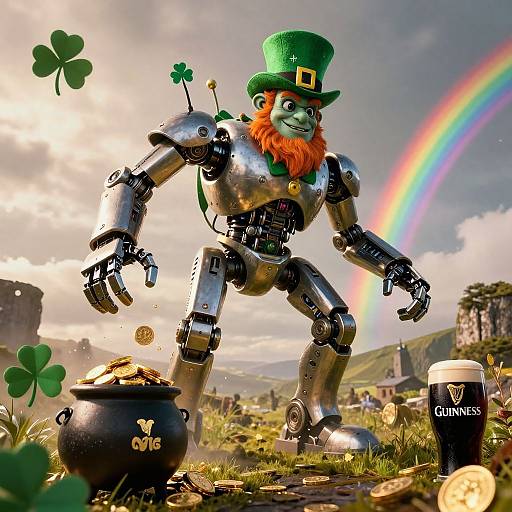 Photorealistic CGI of a robotic leprechaun with green top hat, orange beard, and metallic body, standing beside a cauldron sp