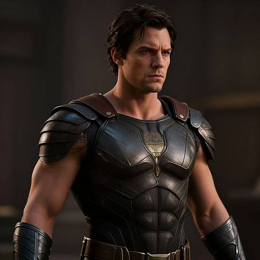 Photograph of a muscular man with dark hair, wearing black metallic armor with shoulder pads, and a stern expression, standing in a dimly lit,