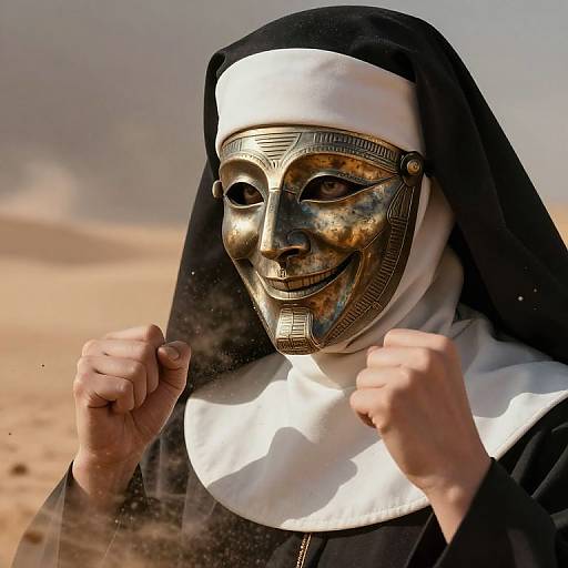 Photograph of a nun in a black and white habit wearing a metallic, surreal mask with a sinister smile, fists clenched, against a desert background