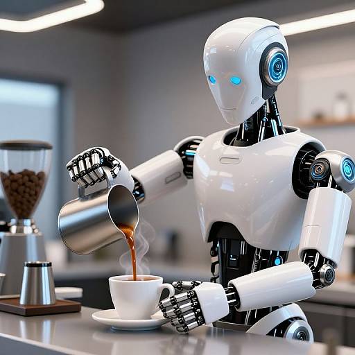 Photorealistic CGI: White, blue-eyed humanoid robot pouring steaming coffee into a white cup on a modern kitchen countertop. Coffee grinder in background