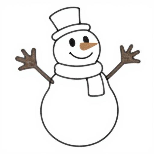 Simple, cartoon-style drawing of a cheerful snowman with a black dot eye, brown carrot nose, white scarf, and black stick arms, wearing a