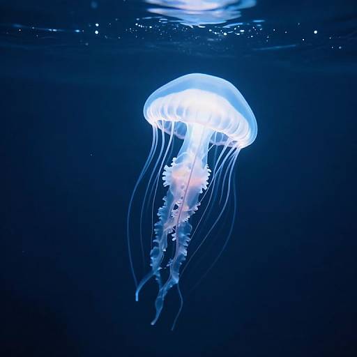 Photograph of a glowing, translucent blue jellyfish with long, flowing tentacles, illuminated in dark blue underwater environment.