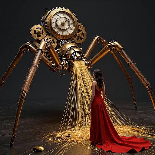 Photograph of a woman in a red gown standing before a glowing, steampunk spider robot with gears and golden wires. Dark background.