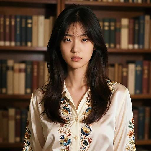 Photograph of an Asian woman with long black hair, wearing a white floral embroidered blouse, standing in front of a bookshelf.