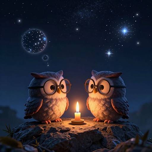 Whimsical Night Owls Under Starry Sky