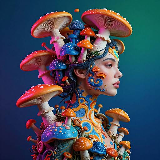 Digital art of a woman with vibrant blue hair adorned with colorful, oversized mushrooms; intricate face and neck designs; against a gradient blue-green background.