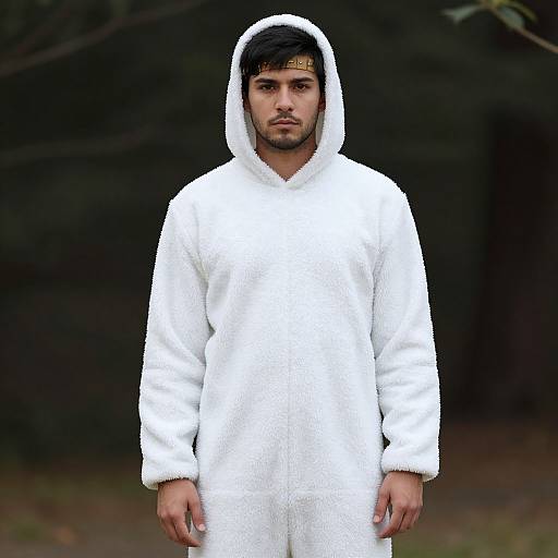 Photograph of a young man with medium skin tone, black hair, and a serious expression, wearing a white, fluffy, hooded robe in a
